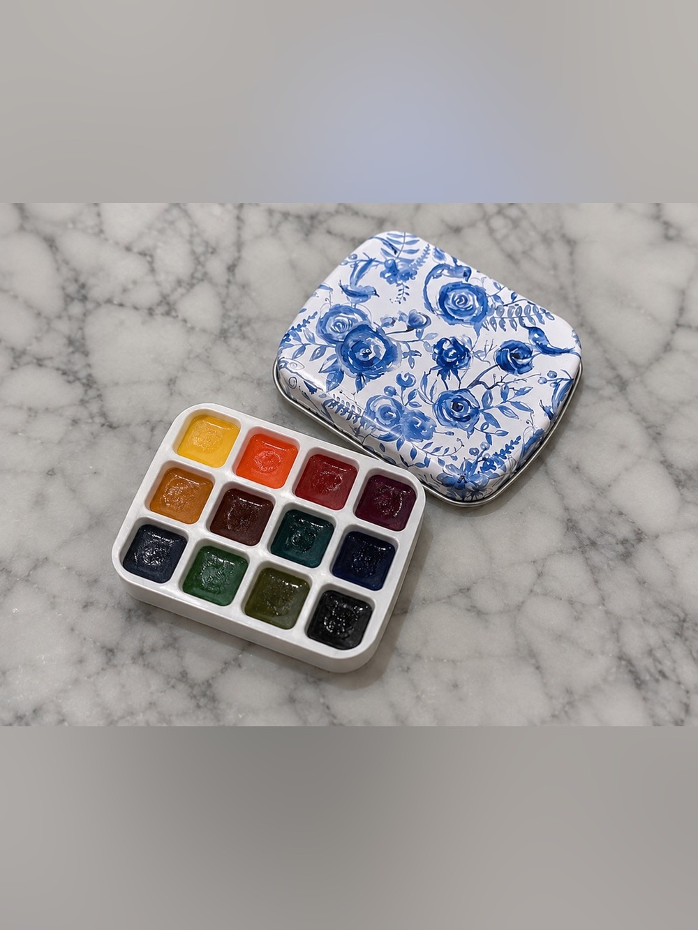 12-Color Handmade Watercolor Palette – Custom Floral Tin